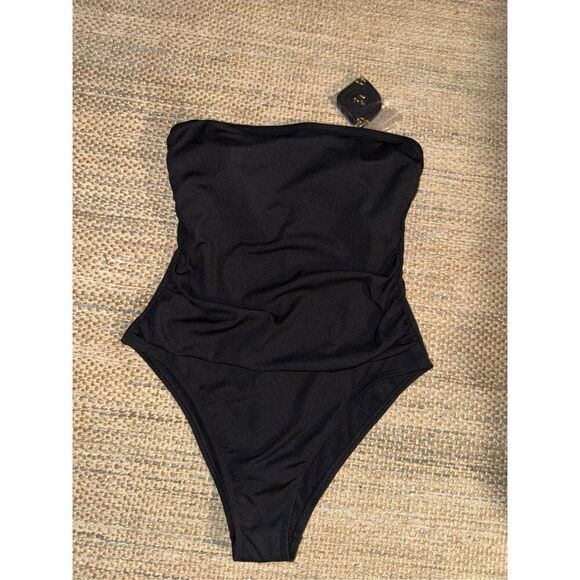 Women's Shirred Ribbed Bandeau Cheeky One Piece Swimsuit - Shade & Shore™ Black - Picture 2 of 3